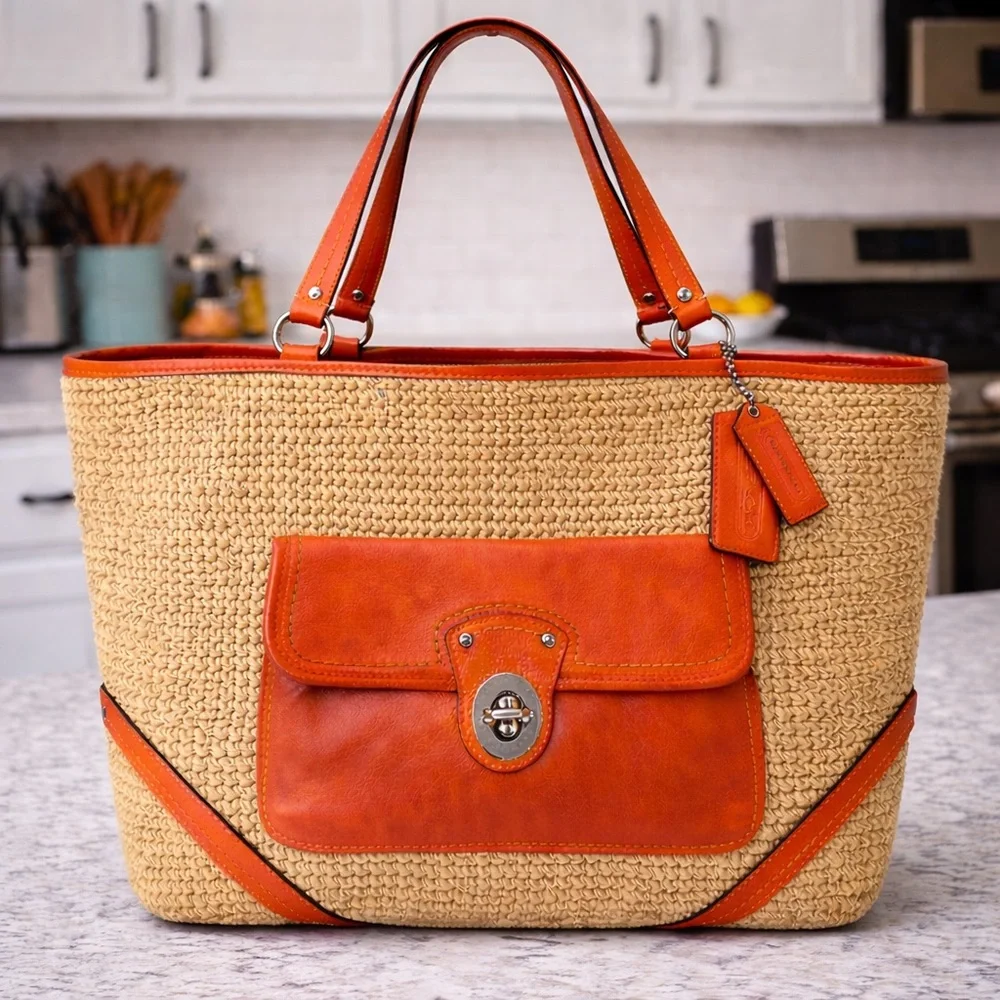 Coach Legacy Resort Summer Collection Raffia/Coral Leather Tote & Clutch